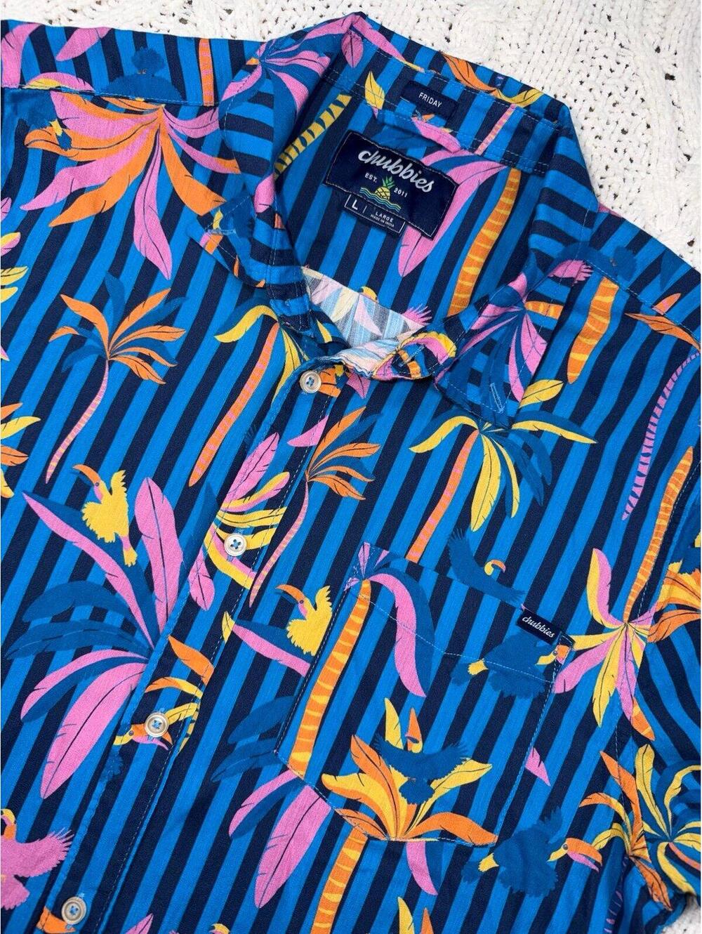 Chubbies Mens' Large "The Wild Blue" (Resort Weave Friday Shirt), Multi Tropical
